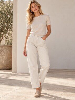 Brunello Cucinelli Monili Tab Jeans Beige Denim Relaxed Leg Skaters Size 10